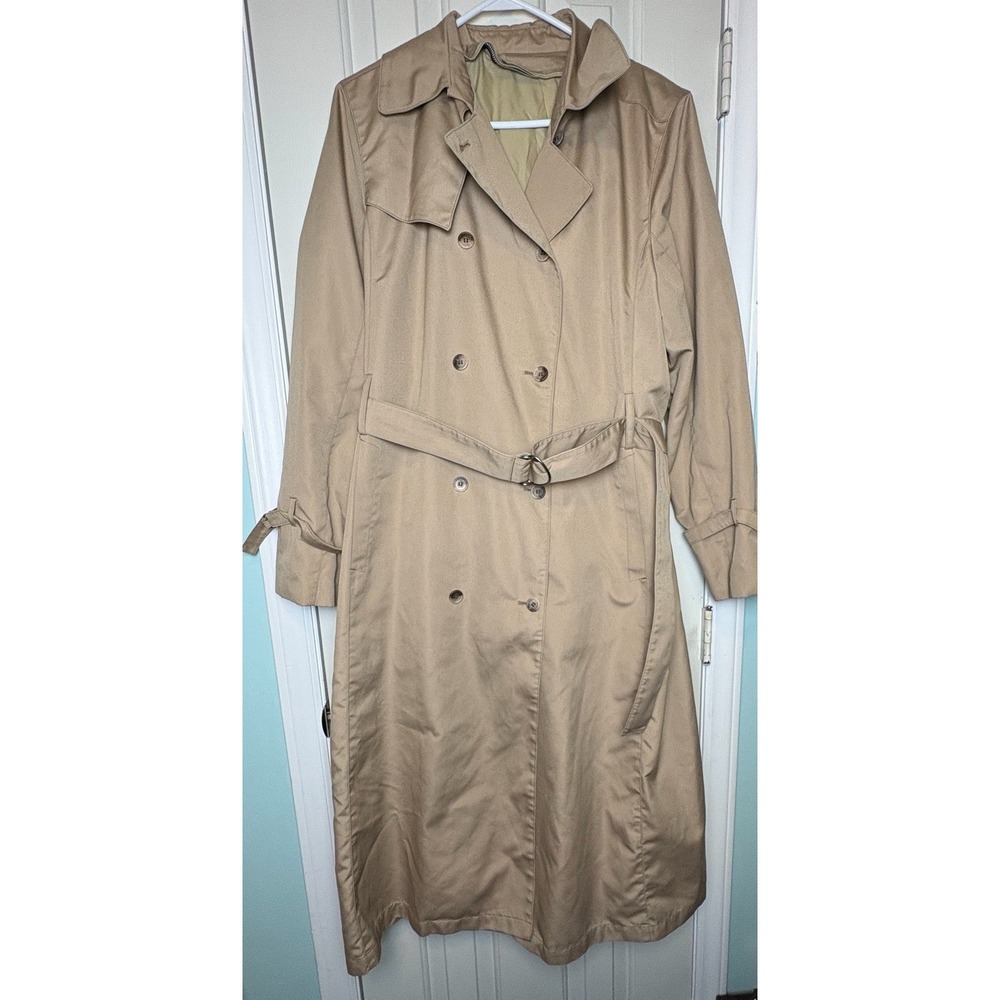 London Fog Trench Coat Woman's Size 18 Khaki No Lining with Belt Union Made VTG